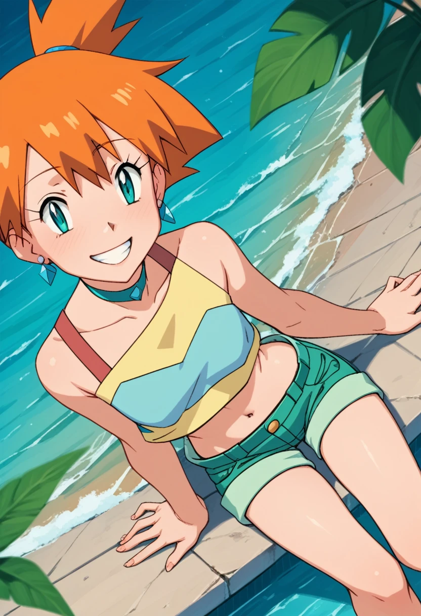 score_9, score_8_up, score_7_up, source anime,1girl,solo, misty \(pokemon\),aqua eyes,orange hair,bare shoulders,dress,earrings,hair ornament,jewelry,navel,shorts,showgirl skirt,single thighhigh,choker,looking at viewer,smile