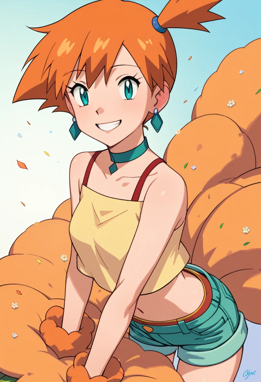 score_9, score_8_up, score_7_up, source anime,1girl,solo, misty \(pokemon\),aqua eyes,orange hair,bare shoulders,dress,earrings,hair ornament,jewelry,navel,shorts,showgirl skirt,single thighhigh,choker,looking at viewer,smile