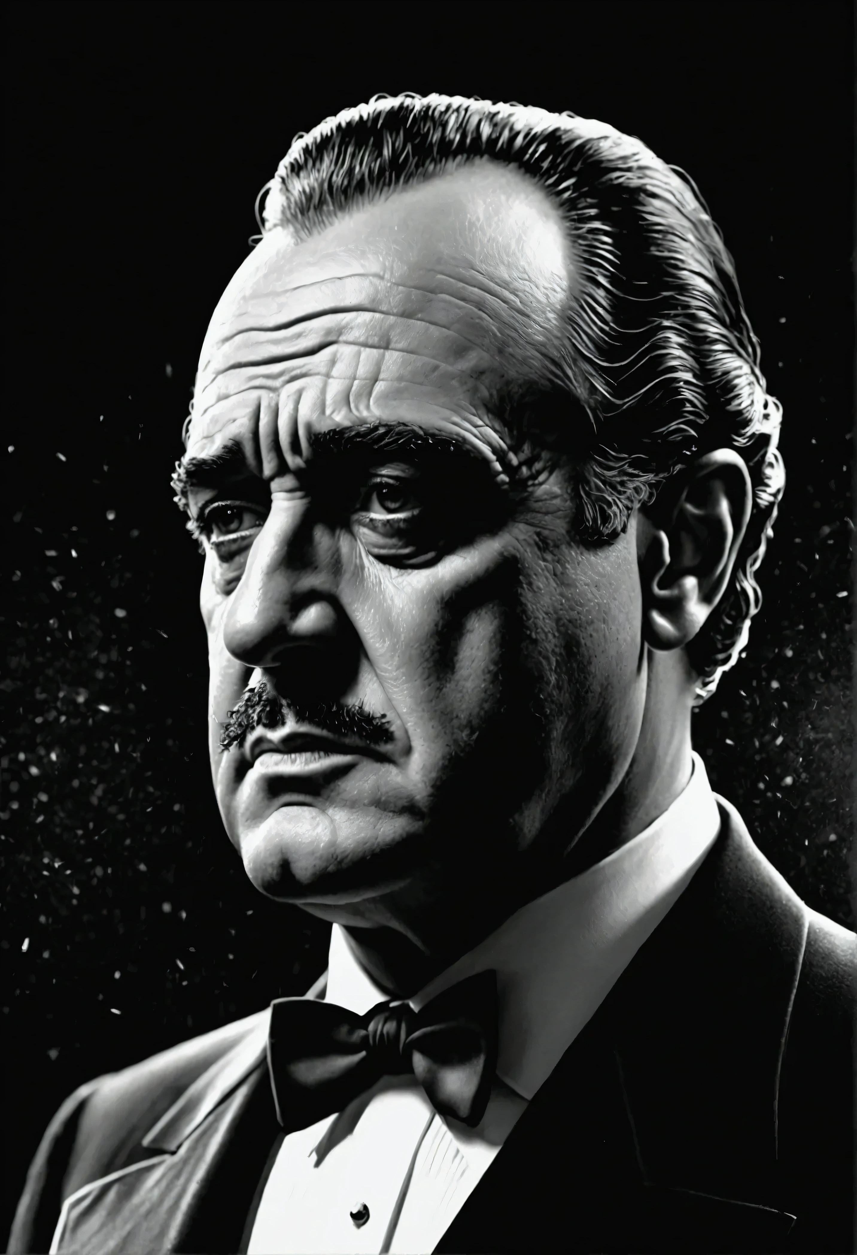 1man\(Vito Andolini Corleone\(the God Father\)\) is thinking something in the dark,logo of the movie\(the god father\),simple black background,Very effective poster of the movie\(the god father\),dark mood,black and white,close-up of man, film particles,grain