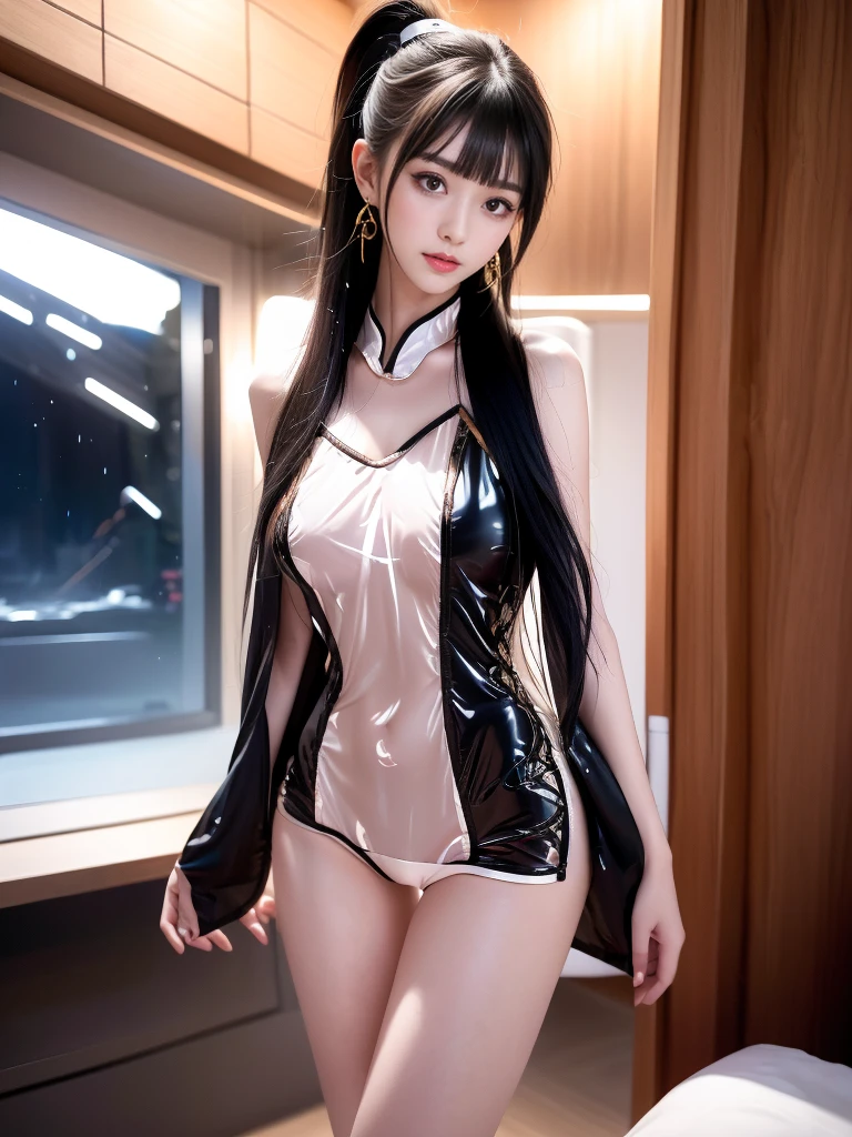 ((A woman)), 美丽脸庞的Sexy中国华裔美少女,  穿着透明的Pink薄纱衬衫外套, Wearing grey latex bikini underwear, Soaked,  (((浅色theme, 暴露theme, Sexytheme, Cyberpunk style)))
((透明的Pink衣服:1.5), (Revealing clothes: 1.5),  (Wet clothes:1.5), (Clothes Color: Pink), (theme: vitality), ((穿着透明的Pink科幻衣服))), (((Sexy的透视))),
 (((night, Doomsday building ruins, Wet environment, water leakage, rainstorm)))
((desktop:1.0), (最high quality:1.0), (high resolution:1.2), (Reality:1.0),( Ultra HD:1.3))
((8K Ultra HD, 8K, 超high resolution, high resolution, 最high quality, high quality, Best image quality, Supene,  Ultra-clear, Clear focus, Clear outline, masterpiece, Masterpieces, complete pattern, Detailed photos, Original photo, Delicate facial features, Well-defined, Highly rated works, Close-up depth of field photography, Above the knee, Symmetrical character)), 
((Creating the image of a real girl), Realistic shadows, Soft natural light, Soft lighting, Dynamic Angle, Dynamic poses, Elegant Posture, Cowboy lens, Full body front view, full of confidence, Facing the camera, Eyes looking towards camera lens, Standing posture, Open your legs slightly, Legs open, Golden Ratio Graphics, Minimalism, Center the character), 
((Smile, Sexy的, Balanced Eyes, Realistic eyes, Beautiful details of the eyes,Pretty Face, (Realistic face), Normal facial features, Realistic skin, Pay attention to skin details, Skin is clean and radiant, Full body glossy skin, Fair skin, Anatomically correct body, Golden ratio figure, Sexy的身材, Detailed and realistic human body)), 
(Perfect makeup, Gloves, earrings, bracelet, necklace, Jewelry, Hair accessories, shawl, sock, Knee socks, 吊garter, Leg ring, garter, 腿部garter), 
((beautiful hair), Dark black hair, Wavy curly hairstyle, Waist-length hair, Messy Hairstyle, Gradient Hairstyle, Cyberpunk Hairstyle, High double ponytail hairstyle, Bangs), 
((Sexy的, Beautiful upturned breasts, Perfect breast shape, Teardrop chest shape, Snow-white breasts, Very detailed breasts, 34C cup, Realistic breasts, Realistic areola, Realistic nipples)), 
(Super high waist, Deep V, Low-cut, Sexy, Charming, Open crotch, (Clear camel toe, (High fork and genitals))),