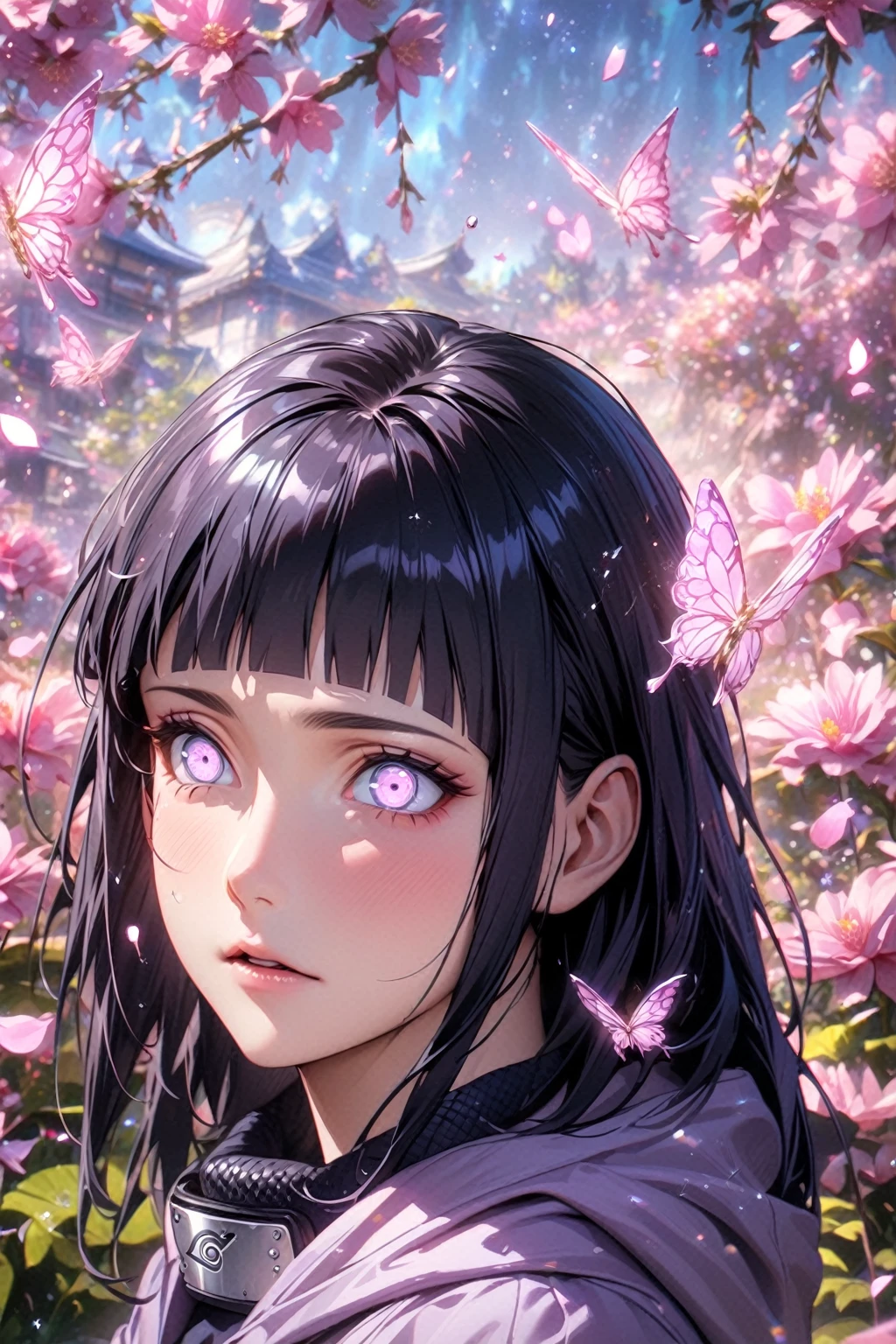 absurdres, highres, ultra detailed, HDR, master piece, best quality, extremely detailed, detailed eyes, detailed face, Hinata Hyuga, black blur hair, square bangs, expressive white light-lavender eyes, Naruto Shippuden, solo, woman, beautiful, hooded purple jacket with white sleeves, magical, fantasy, garden, pink butterflies, pink flowers, pink petals, water, magic, powers