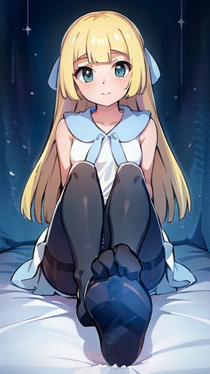 One girl,(best quality), (expensive_quality), (Complex_detailed), (超detailed), (Illustration), (clear_image),Saito_Naoki,lillie \(pokemon\,1 boy, penis, (((footjob))), sitting, black pantyhose,(nsfw:1.3）