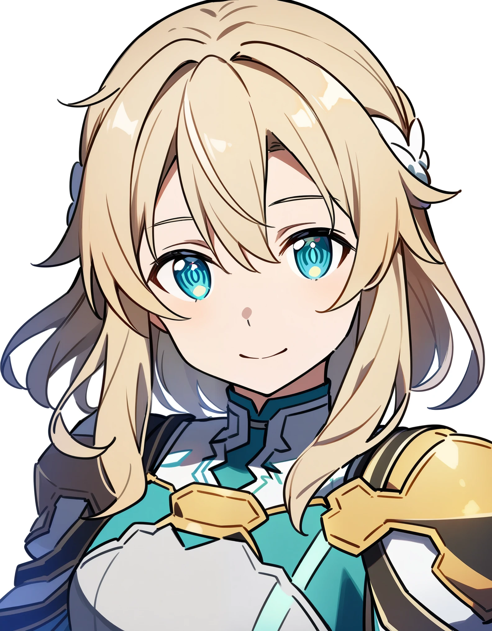 (high-quality, breathtaking),(expressive eyes, perfect face) 1girl, female, solo, portrait, Sword Art Online, Alicization, Symmetrical Eyes, simple background, gentle smile, medium hair, fluffy hair, fantasy outfit, SAO inspired, Firefly, armor, chest plate, sword art online outfit,
