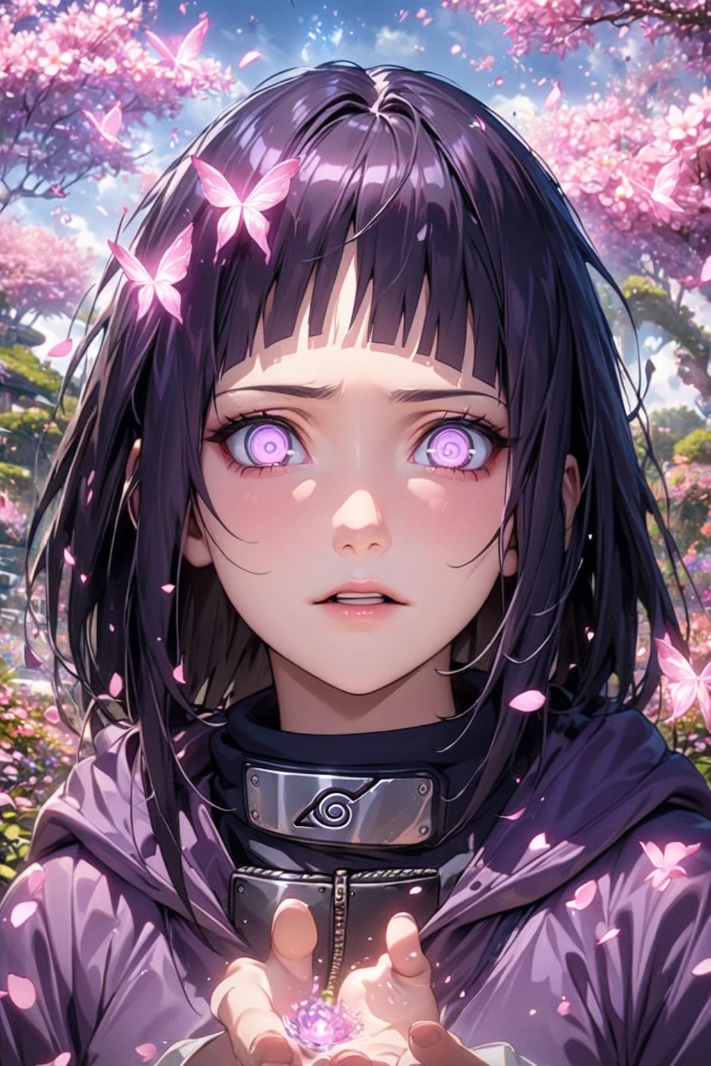 absurdres, highres, ultra detailed, HDR, master piece, best quality, extremely detailed, detailed eyes, detailed face, Hinata Hyuga, black blur hair, square bangs, expressive white light-lavender eyes, Naruto Shippuden, solo, woman, beautiful, hooded purple jacket with white sleeves, magical, fantasy, garden, pink butterflies, pink flowers, pink petals, water, magic, powers