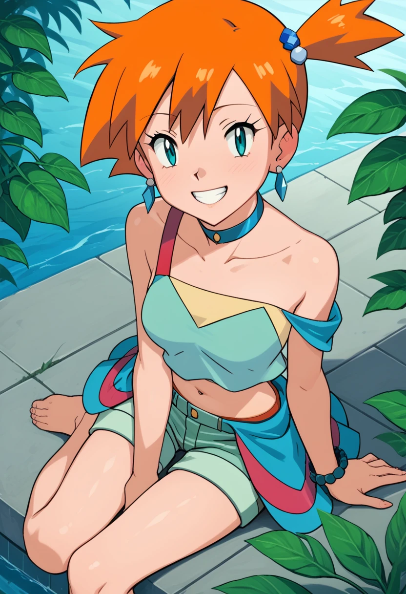 score_9, score_8_up, score_7_up, source anime,1girl,solo, misty \(pokemon\),aqua eyes,orange hair,bare shoulders,dress,earrings,hair ornament,jewelry,navel,shorts,showgirl skirt,single thighhigh,choker,looking at viewer,smile