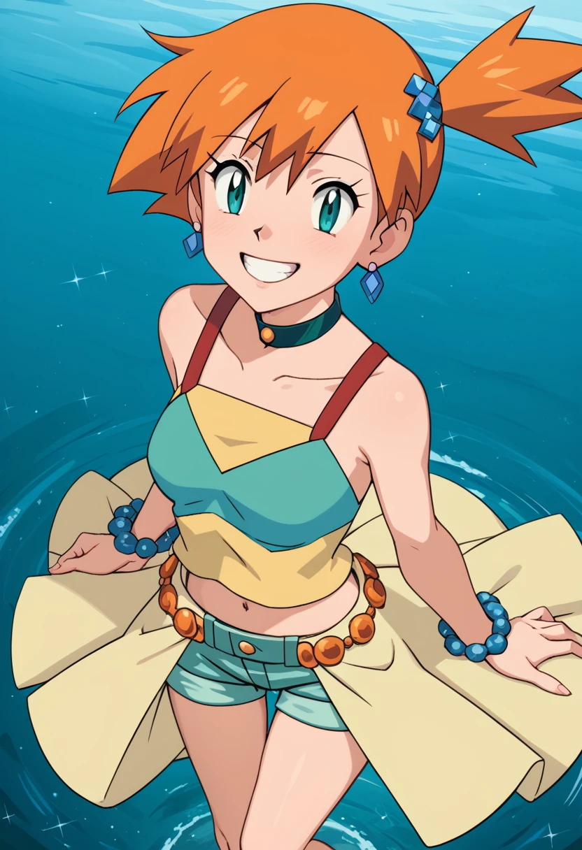 score_9, score_8_up, score_7_up, source anime,1girl,solo, misty \(pokemon\),aqua eyes,orange hair,bare shoulders,dress,earrings,hair ornament,jewelry,navel,shorts,showgirl skirt,single thighhigh,choker,looking at viewer,smile