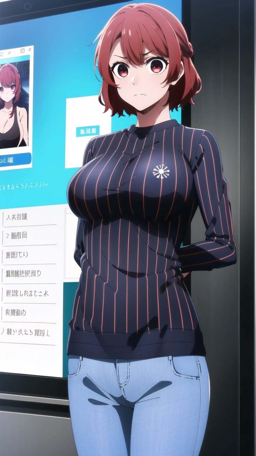 ((masterpiece)), ((Best Quality)), starter, One Girl, Medium Chest, short_hair, red_hair, red_eye, Alone_concentrate, indoor, 、Perfect body、Cowboy Shot、Score_9,Score_8_up,Score_7_up,One Girl,red hair,red eyes,short hair,Alone,Large Breasts,Ribbed sweater,jeans,Please put your hands behind your back,View your audience,Surprised、red面、Embarrassed face