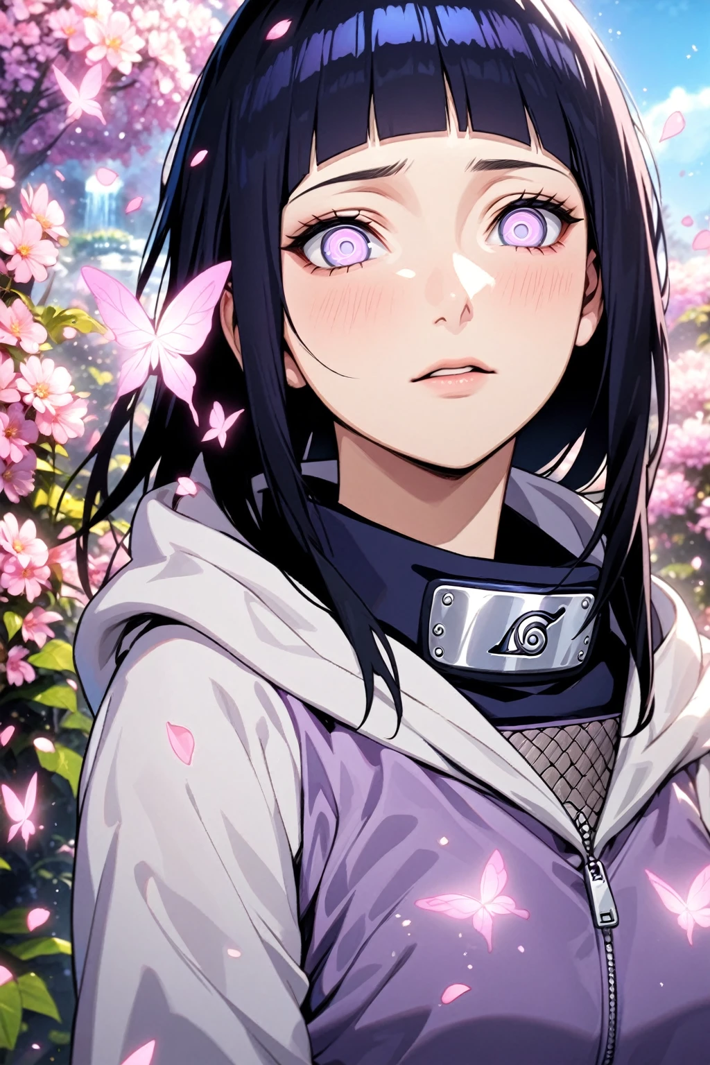 absurdres, highres, ultra detailed, HDR, master piece, best quality, extremely detailed, detailed eyes, detailed face, Hinata Hyuga, black blur hair, square bangs, expressive white light-lavender eyes, Naruto Shippuden, solo, woman, beautiful, hooded purple jacket with white sleeves, magical, fantasy, garden, pink butterflies, pink flowers, pink petals, water, magic, powers