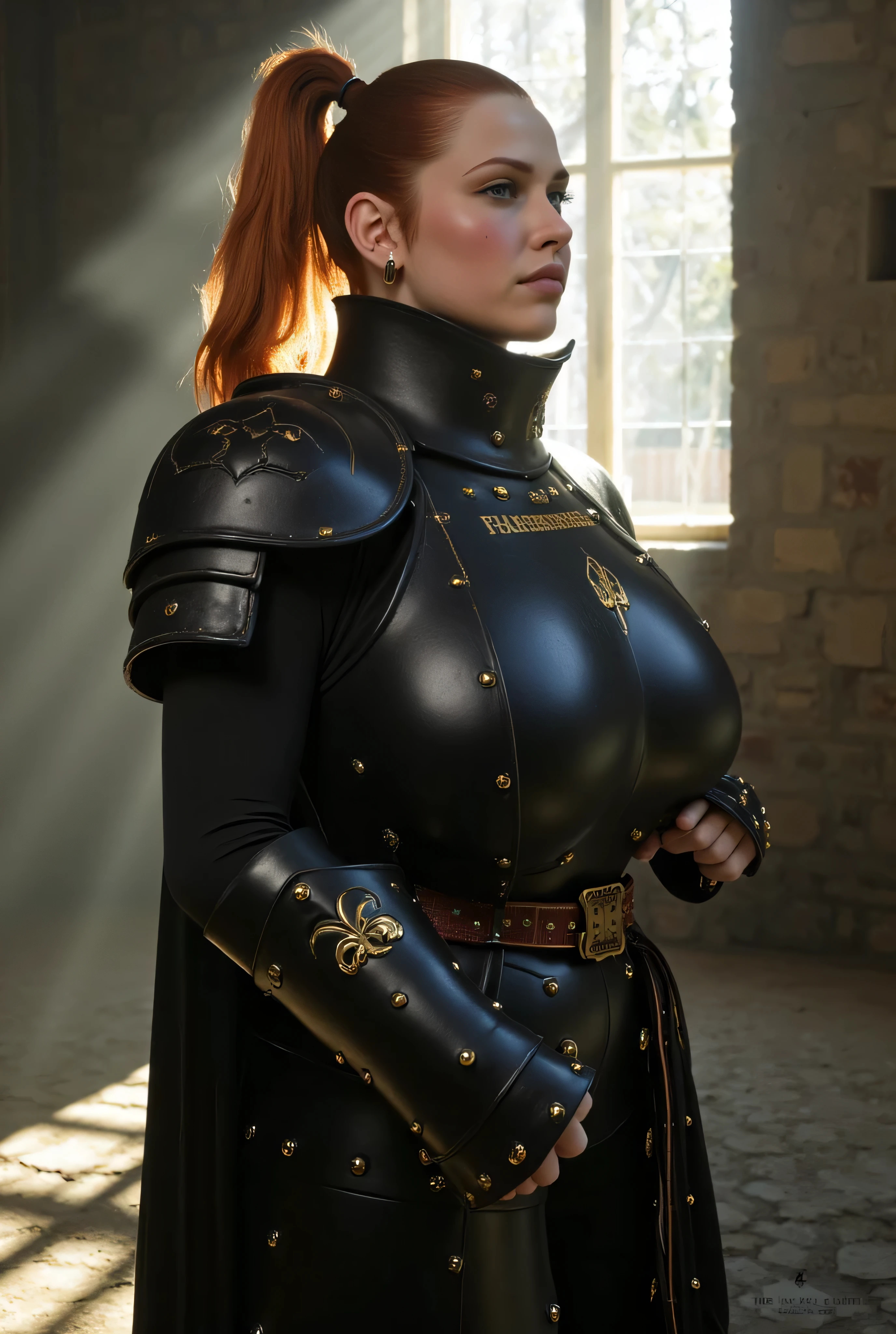 hyperrealism, (photorealistic:1.2), (photorealistic light:1.3), masterpiece, best quality, perfect detail, professional photo, realistic photo, raw photo, realistic style, detailed face, realistic portrait, beautiful middle-aged woman, long red hair, muscular body, huge breasts, huge hips, barbarian queen, leather breastplate, deep neckline, leather skirt, (medieval clothing: 1.3), sitting on the iron throne, barbarian hut