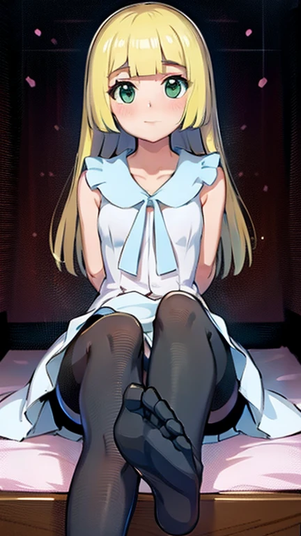 One girl,(best quality), (expensive_quality), (Complex_detailed), (超detailed), (Illustration), (clear_image),Saito_Naoki,lillie \(pokemon\,1 boy, penis, (((footjob))), sitting, black pantyhose,(nsfw:1.7）