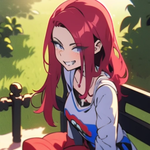 Arafed woman with red hair and piercings sitting on a bench, 4k anime style, [[[[grinning evily]]], anime badass 8 k, evil smile, crazy smile, anime wallpaper 4k, anime wallpaper 4k, anime art wallpaper 4k, anime art wallpaper 4k, detailed digital anime art, grinning lasciviously