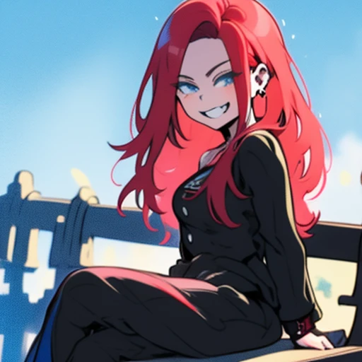 Arafed woman with red hair and piercings sitting on a bench, 4k anime style, [[[[grinning evily]]], anime badass 8 k, evil smile, crazy smile, anime wallpaper 4k, anime wallpaper 4k, anime art wallpaper 4k, anime art wallpaper 4k, detailed digital anime art, grinning lasciviously