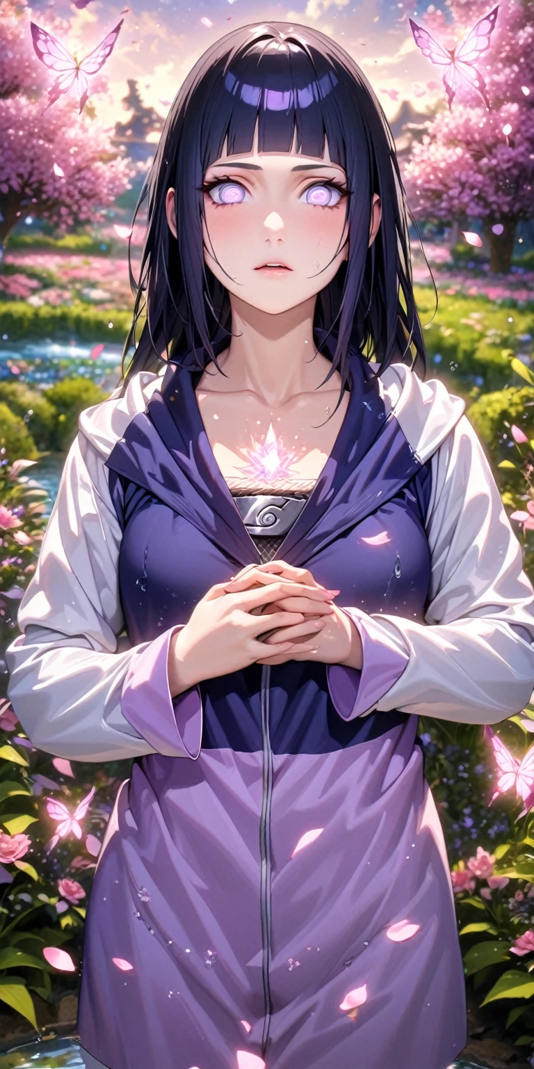 absurdres, highres, ultra detailed, HDR, master piece, best quality, extremely detailed, detailed eyes, detailed face, Hinata Hyuga, black blur hair, square bangs, expressive white light-lavender eyes, Naruto Shippuden, solo, woman, beautiful, hooded purple jacket with white sleeves, magical, fantasy, garden, pink butterflies, pink flowers, pink petals, water, magic, powers