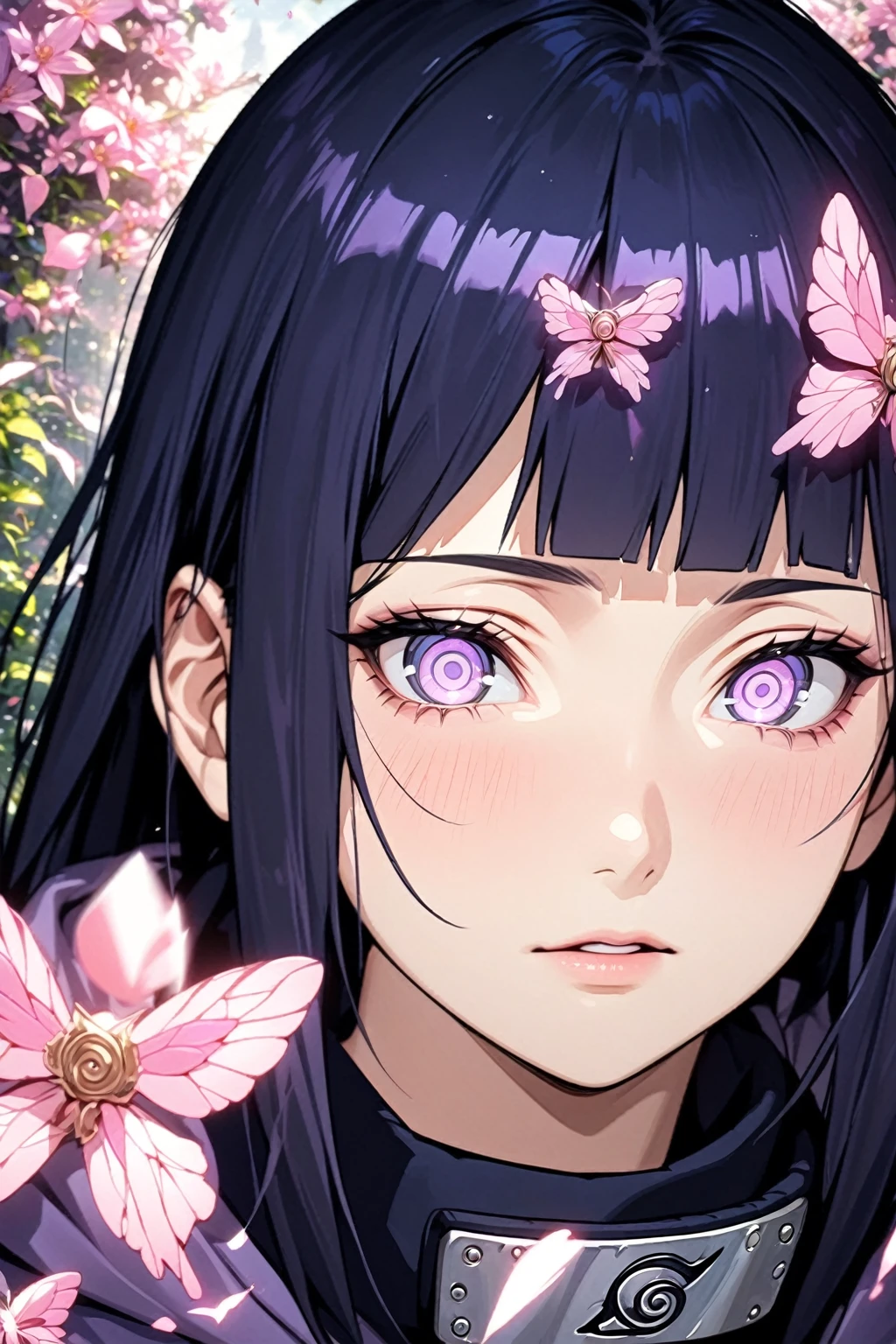 absurdres, highres, ultra detailed, HDR, master piece, best quality, extremely detailed, detailed eyes, detailed face, Hinata Hyuga, black blur hair, square bangs, expressive white light-lavender eyes, Naruto Shippuden, solo, woman, beautiful, hooded purple jacket with white sleeves, magical, fantasy, garden, pink butterflies, pink flowers, pink petals, water, magic, powers