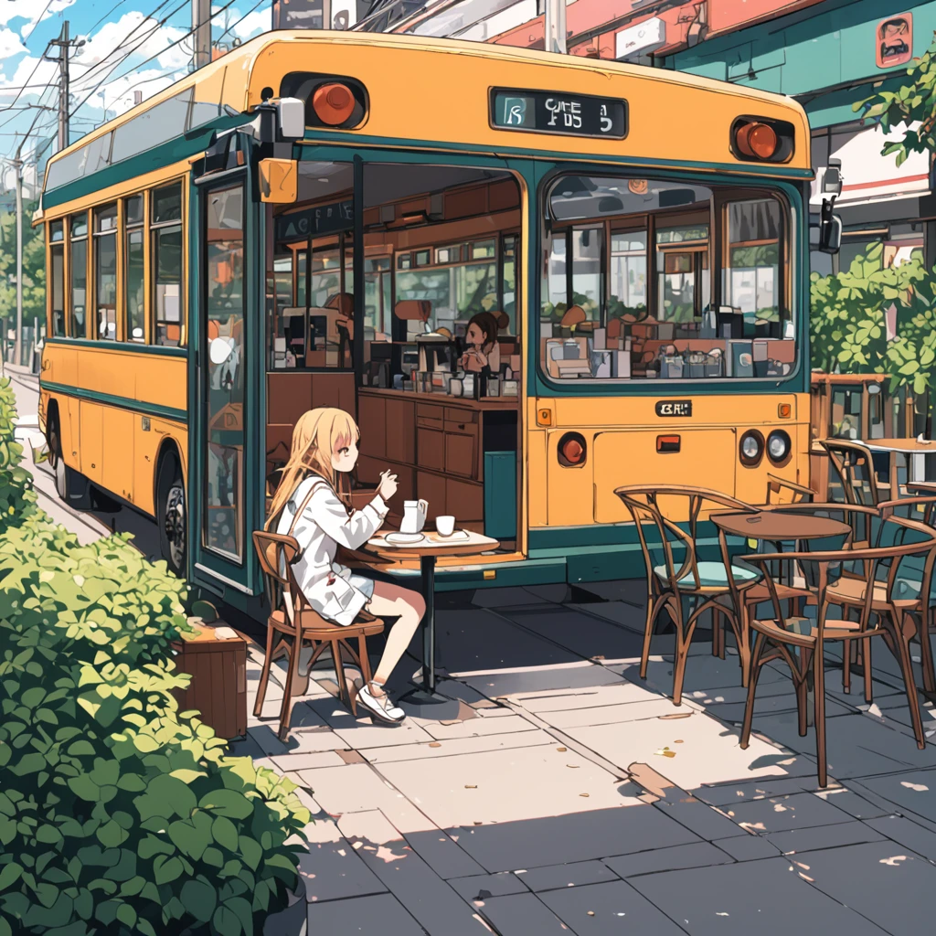 ((anime:1.4,Illustration)),(masterpiece, Best Quality, Best Quality),(Super detailed, resolution),((16k, 高resolution)), (((Cafe next to the bus))), ((anime:1.4,Illustration)),(masterpiece, Best Quality, Best Quality),(Super detailed, resolution),((16k, 高resolution)). break {Lofi Art, Laurie Greasley&#39;s style, Makoto Shinkai&#39;s Style, anime aesthetic}, break { (Shot on a Sony SLR、Cinematic detailed textures、4,Generates images containing over 10 million pixels of information。).}