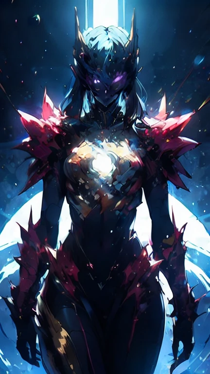 Woman who has undergone a complete transformation, with a monstrous and alien appearance. His skin is dark in color, with irregular textures and protuberances that look like sharp spikes and thorns, In addition to having a kind of armor on his arms. The torso and limbs are imbued with cosmic energy. It is often seen emitting a bright or hazy glow that resembles the colors and patterns of outer space., like galaxies and stars. Her figure is slim but with a good woman&#39;s physique., On his face the only thing that can be seen are the patterns of the galaxy.