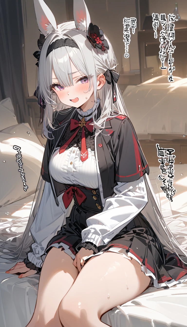 {Best Quality}, {ultra-detailliert}, {very detailed illustration}, Top image quality，silber hair, Aimei, embarrassed from，breastsout，red blush，{Suspender Skirt}，suspenders，skirt by the，long-sleeve，Casual clothing，a bed，front-facing view，thighs thighs thighs thighs，