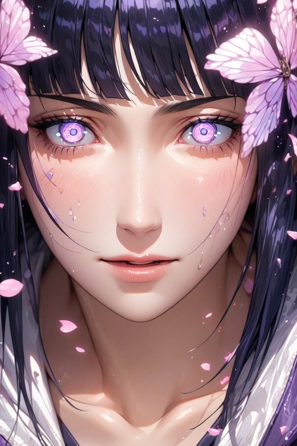 absurdres, highres, ultra detailed, HDR, master piece, best quality, extremely detailed, detailed eyes, detailed face, Hinata Hyuga, black blur hair, square bangs, expressive white light-lavender eyes, Naruto Shippuden, solo, woman, beautiful, hooded purple jacket with white sleeves, magical, fantasy, garden, pink butterflies, pink flowers, pink petals, water, magic, powers