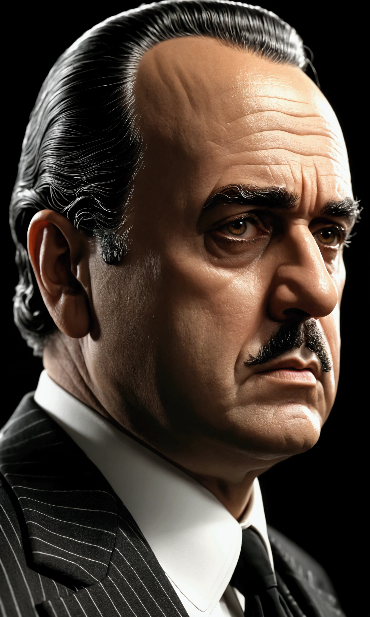 1man\(Vito Andolini Corleone\(the God Father\),short mustache\) is thinking something in the dark,logo of the movie\(the god father\),simple black background,poster of the movie\(the god father\),dark mood,black and white,Film particles,grain,, BREAK ,quality\(8k,wallpaper of extremely detailed CG unit, ​masterpiece,hight resolution,top-quality,top-quality real texture skin,hyper realisitic,increase the resolution,RAW photos,best qualtiy,highly detailed,the wallpaper,cinematic lighting,ray trace,golden ratio,\),old film,