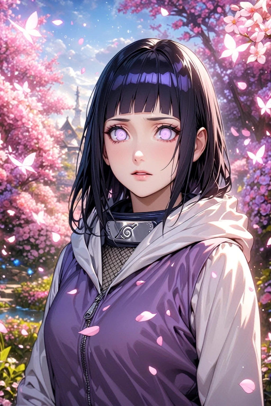 absurdres, highres, ultra detailed, HDR, master piece, best quality, extremely detailed, detailed eyes, detailed face, Hinata Hyuga, black blur hair, square bangs, expressive white light-lavender eyes, Naruto Shippuden, solo, woman, beautiful, hooded purple jacket with white sleeves, magical, fantasy, garden, pink butterflies, pink flowers, pink petals, water, magic, powers