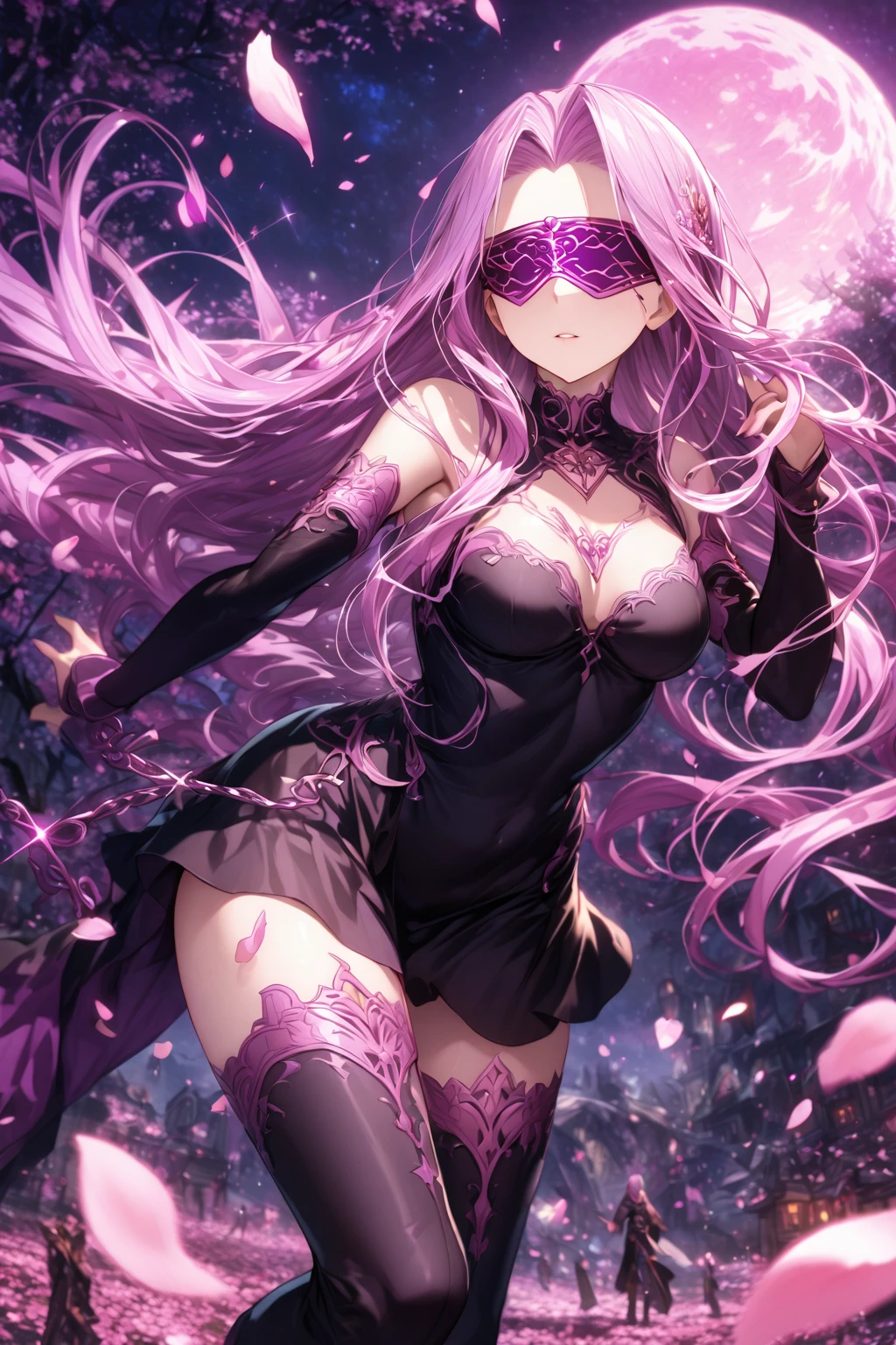 absurdres, highres, ultra detailed, HDR, master piece, detailed face, Medusa, Rider, light purple hair, long hair, purple blindfold, blindfolded eyes, black dress, woman, best quality, Fate Stay Night, solo, fantasy, magical, sensual, glittering, accessories, pink moon, pink magic, starry sky, extremely beautiful, cherry blossoms, petals, black boots