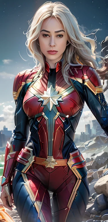 araffe woman in a captain marvel costume standing on a rocky beach, captain marvel, medium close - up ( mcu ), marvel style, closeup photo, closeup shot, style of marvel, marvel art, gal gadot as captain marvel, in style of marvel, extremely detailed artgerm, closeup portrait, closeup view, wojtek fus, portrait shot