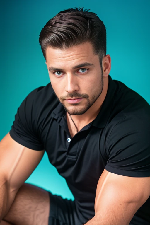 1man, A close shot of a charismatic male fitness model, 30 years old，small beard, upset expression，gloomy eyes，Blue eyes, white background, wearing a black shirt, black pants, natural lighting, cinematic and moody, (best quality,4k,8k,highres,masterpiece:1.2),ultra-detailed,(realistic,photorealistic,photo-realistic:1.37),HDR,studio lighting,professional,vivid colors,dramatic lighting