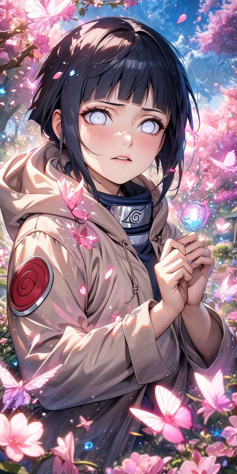 absurdres, highres, ultra detailed, HDR, master piece, best quality, extremely detailed, detailed eyes, detailed face, Hinata Hyuga, black blue hair, square bangs, expressive white eyes, Naruto Shippuden, solo, woman, beautiful, hooded light-brown jacket, magical, fantasy, garden, pink butterflies, pink flowers, pink petals, water, magic, powers