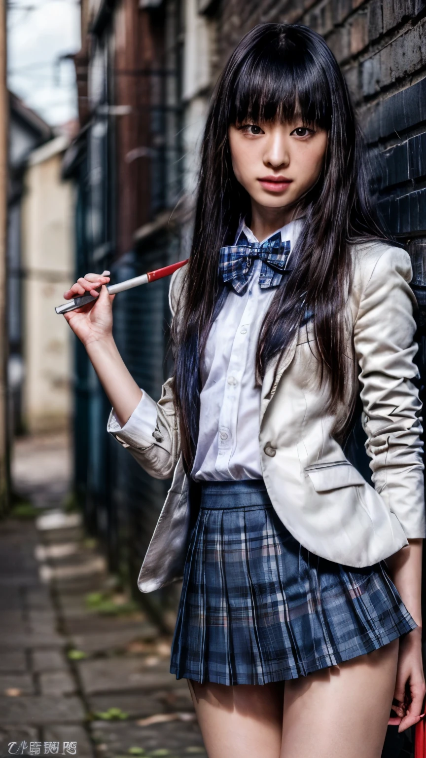(masterpiece,best quality:1.2),(realistic,photo-realistic:1.37),high resolution,intricate details,extremely detailed,(sharp focus),(full body),solo,1girl,little bodybuilder,(a Japanese actress, Chiaki Kuriyama),(lewdlook,standing, holding a hammer throw ball), (dark-blue blazer, white collared shirt, red bowtie, pleated plaid skirt, school uniform:1.3),socks,sneakers,(smaller face,flat chest,skinny,thin legs,thighs:1.5),(straight long hair,blunt bangs:1.3),(detailed face,beautiful detailed eyes,eyeliners, eyelashes,beautiful pupils,detailed nose,sophisticated nose:1.2),fine-textured skin,pale skin,photo background,outdoors,alley,blue sky and clouds,