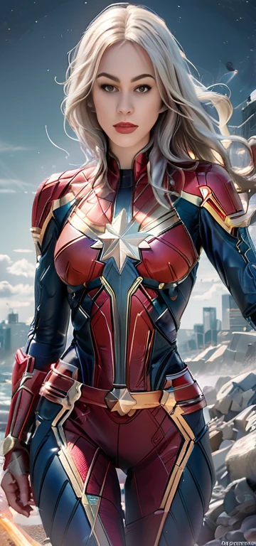 araffe woman in a captain marvel costume standing on a rocky beach, captain marvel, medium close - up ( mcu ), marvel style, closeup photo, closeup shot, style of marvel, marvel art, gal gadot as captain marvel, in style of marvel, extremely detailed artgerm, closeup portrait, closeup view, wojtek fus, portrait shot