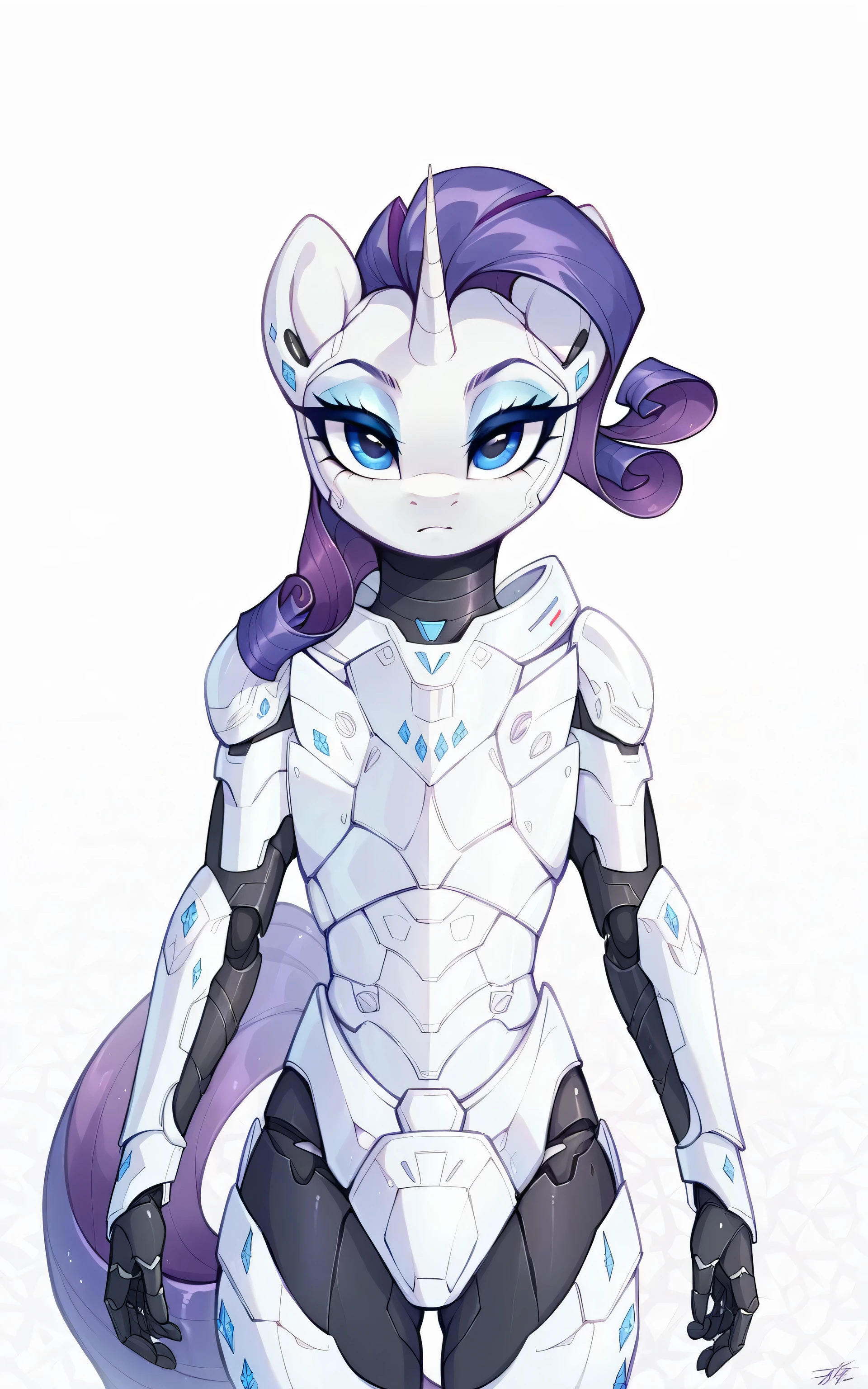 a close up of a robot version of Rarity, commission for high res, My Little Pony, fully robotic!! Anthro Pony, thick smooth thighs, ferra white mecha, black sclera, blue LED eyes, full body, anthropomorphic mare, cel - shaded art style, furaffinity commission, biomechanical oppai