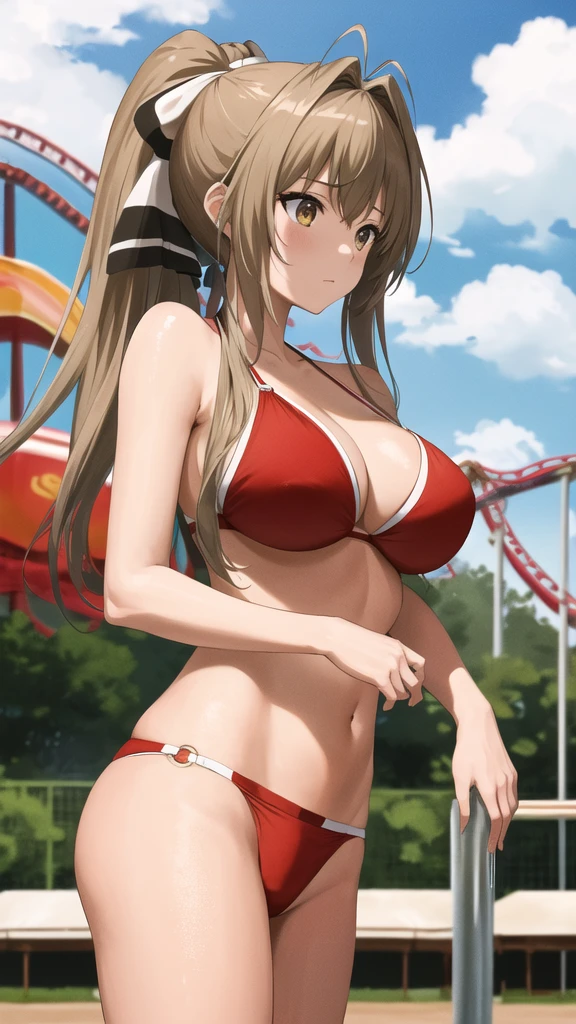 masterpiece, best quality, highres, aaisuzu, aaisuzu, 1girl, ponytail, brown eyes, swimsuit, red bikini, o-ring bikini, cowboy shot, standing, poolside, amusement park,