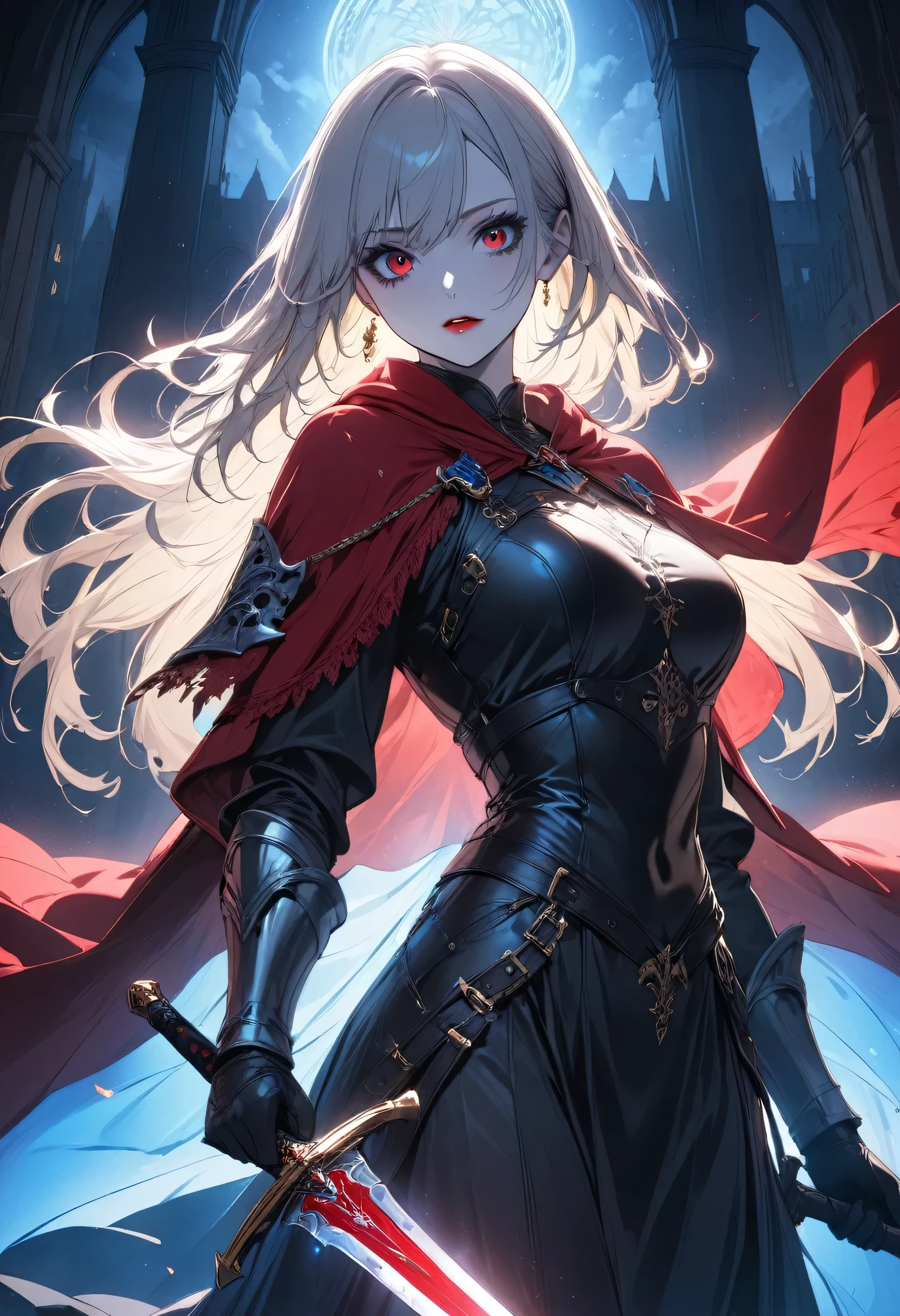 (full body portrait), 1girl, solo, holding weapon, sword, (long gold hair), detailed face, mischief expression, pale white skin, red eyes, (detailed eyes), long eyelashes, black eye liner, red lipstick, black tunic, red cloak, long dress, leather glove, (chest armor), moonlight, hard lighting, blue light, cold light, (medieval theme), (masterpiece), super detailed, best quality, POV, dw01-3400