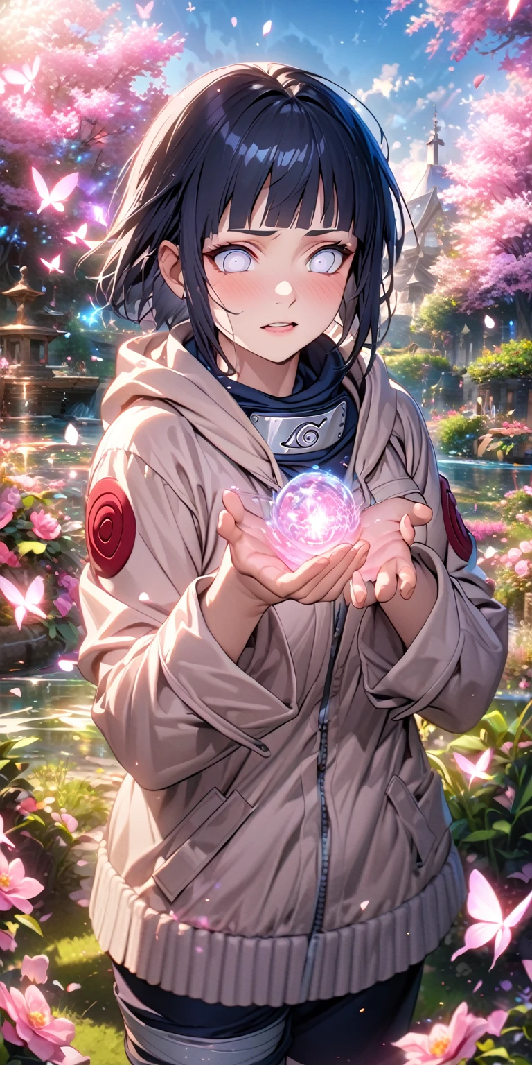 absurdres, highres, ultra detailed, HDR, master piece, best quality, extremely detailed, detailed eyes, detailed face, Hinata Hyuga, black blue hair, square bangs, expressive white eyes, Naruto Shippuden, solo, woman, beautiful, hooded light-brown jacket, magical, fantasy, garden, pink butterflies, pink flowers, pink petals, water, magic, powers