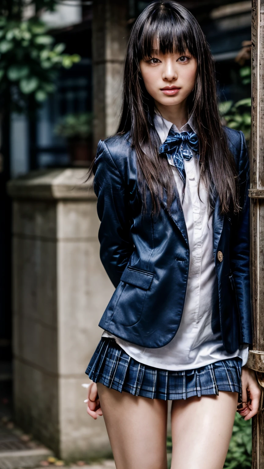 (masterpiece,best quality:1.2),(realistic,photo-realistic:1.37),high resolution,intricate details,extremely detailed,(sharp focus),(full body),solo,1girl,little bodybuilder,(a Japanese actress, Chiaki Kuriyama),(lewdlook,standing), (holding a chained-iron-ball, cotton clothes, open blazer, dark-blue blazer, white collared shirt, red bowtie, pleated plaid skirt, school uniform:1.3),socks,sneakers,(smaller face,flat chest,skinny,thin legs,thighs:1.5),(straight long hair,blunt bangs:1.3),(detailed face,beautiful detailed eyes,eyeliners, eyelashes,beautiful pupils,detailed nose,sophisticated nose:1.2),fine-textured skin,pale skin,photo background,outdoors,alley,blue sky and clouds,