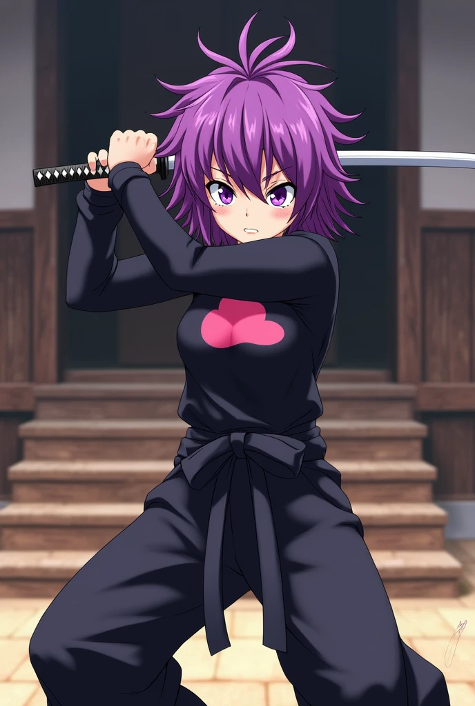 The image shows Niini Musaki, a girl approximately 150 cm tall and 37 kg in weight, with an anime visual style.
Hair: He has short hair, unruly and bright purple, with locks sticking out in a messy manner.
rostro: His facial expression is serious and determined.. He has big, expressive eyes., also in purple tones that match her hair, which gives it a vibrant look. His mouth is slightly closed, in a certain position.
Clothes: He wears a dark outfit that appears to be a uniform or combat attire.. The top is long-sleeved and black., with a distinctive design on the chest: a cloud-shaped figure in pink.
pants: The pants are wide, also dark in color (black or very dark blue), suggesting a comfortable and practical style for combat. It has a tight bow at the waist that complements the set..
Arm: In his right hand he holds a katana, with a black grip and silver details. The blade of the sword shines, indicating that it is sharp and ready to use.
posture: Niini is in a combat stance, slightly leaning forward. His left hand is raised, possibly preparing to attack or defend, while his right hand firmly grips the katana to the side.
The background shows what appear to be wooden steps., as if you were in a dojo or a traditional training structure, which further emphasizes the martial arts context. The dark color scheme of her outfit contrasts with the brightness of her hair and eyes., making her stand out on the scene.
Anime style image