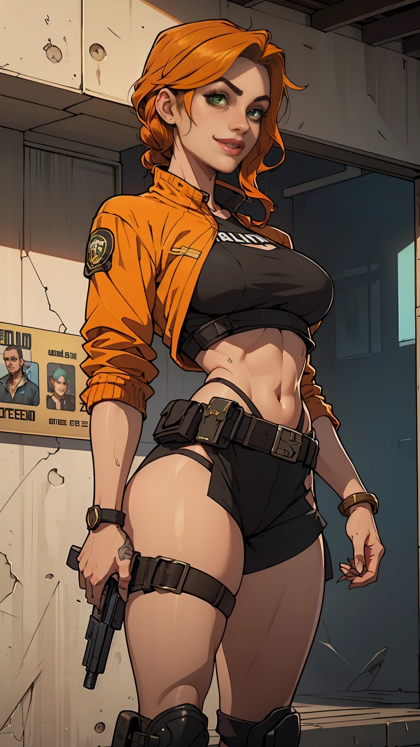 Lara croft face:1.6, middle-aged thug woman with light skin, small breast:1.2, messy black dreadlocks, wearing a sweatshirt,Infra-thigh pistol holster, standing in front a police build, ((with orange hair and blonde highlight) , short wavy hair, all body photo:1.4, perfect hands:1.6, beatiful hands, GTA5 style, GTA, Grand theft auto, detailed face:1.4, shy and smily face,