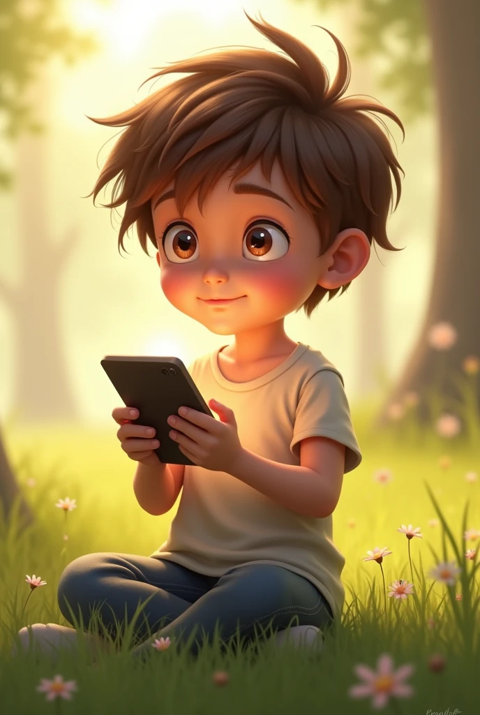 10yo boy with curly brown hair and brown eyes, playing on his iphone, wearing jeans shorts and a white t-dhirt. Outside, sunny, ultra realistic, a football is next to him,