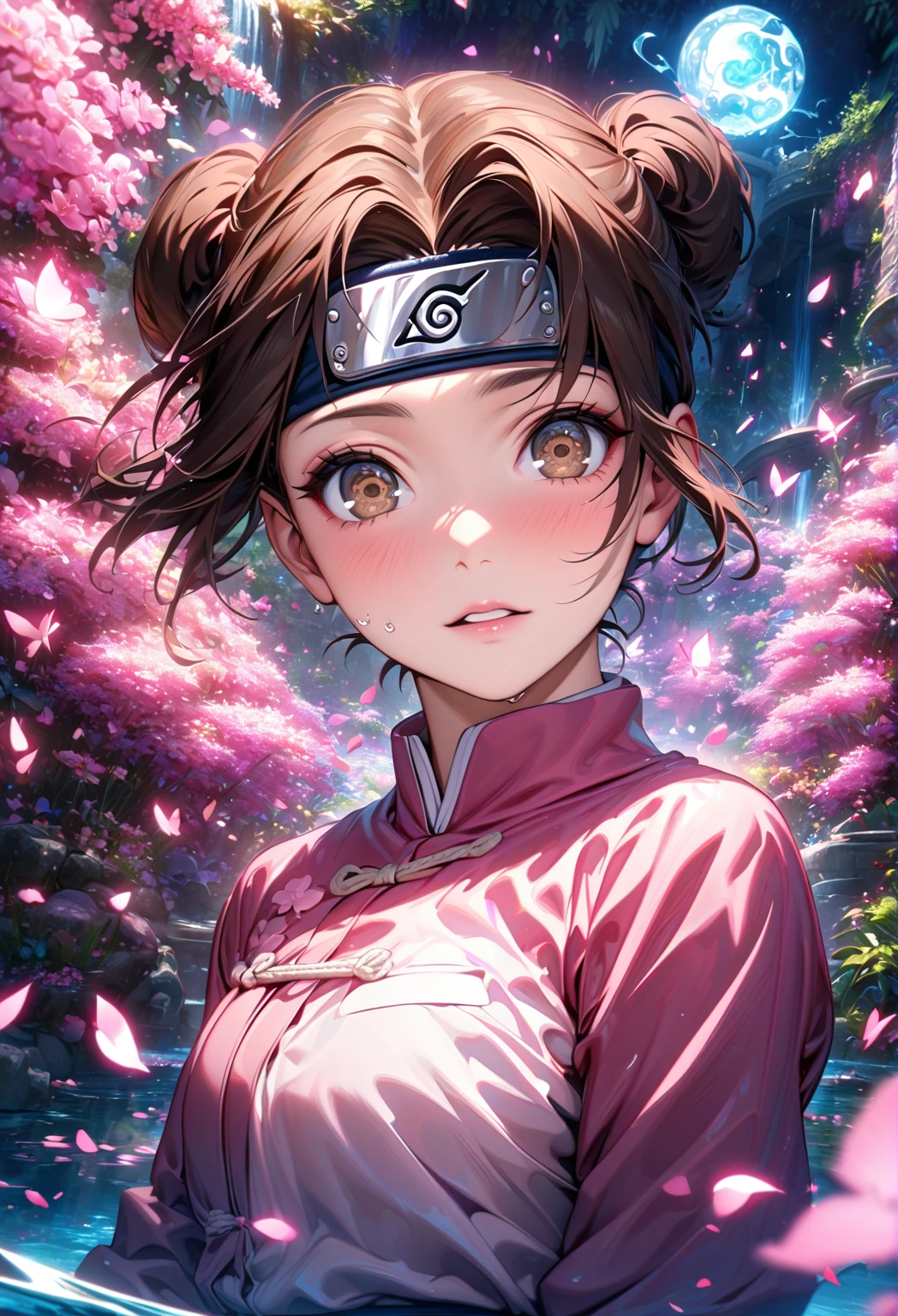 absurdres, highres, ultra detailed, HDR, master piece, best quality, extremely detailed, detailed eyes, detailed face, Tenten, brown hair, expressive brown eyes, Naruto Shippuden, solo, woman, beautiful, pink shirt, magical, fantasy, garden, pink butterflies, pink flowers, pink petals, water, magic, powers