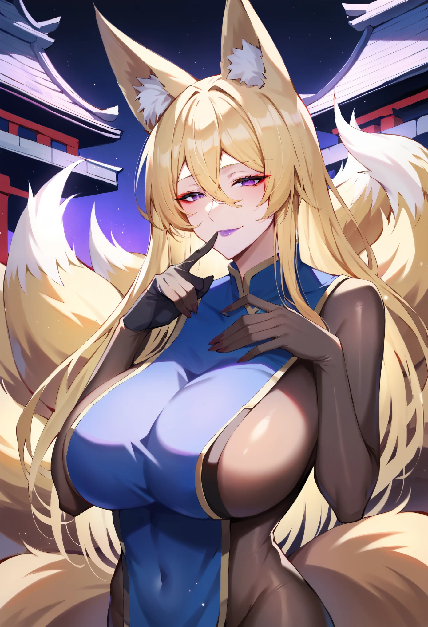 score_9, score_8_up, score_7_up, 1girl, milf, solo, monster girl, (kitsune:1.4), THYukari, (large breasts:1.9), ((blonde hair, long hair, long sidelocks, hair between eyes, purple eyes, half-closed eyes, fox ears, fox tail)), purple lips, ((bodystocking, tabard, gloves)), (light smile, closed mouth), ((finger on own lips, temple))