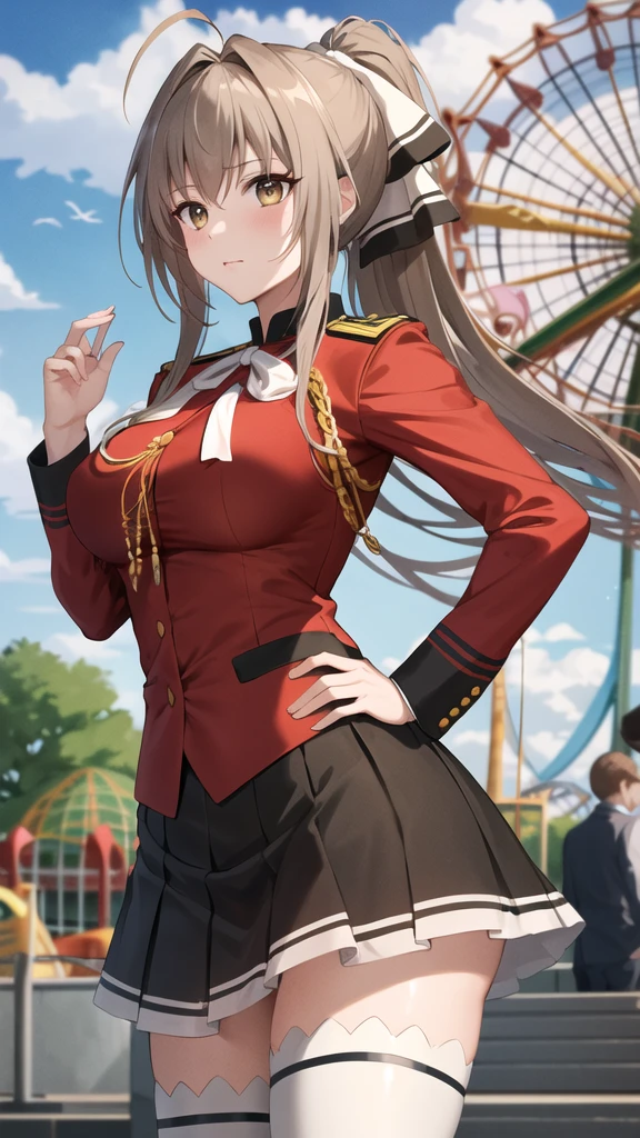 masterpiece, best quality, highres, aaisuzu, 1girl, ponytail, hair bow, brown eyes, uniform, red shirt, aiguillette, black skirt, white thighhighs, amusement park, standing, cowboy shot, hand on hip,