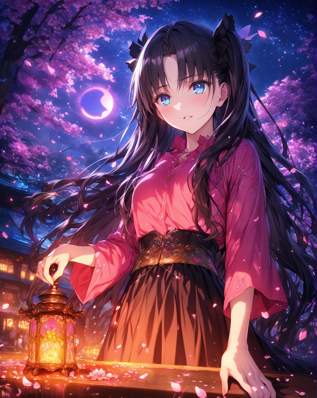 absurdres, highres, ultra detailed, HDR, master piece, detailed face, detailed eyes, Tohsaka Rin, black hair, long hair, expressive blue eyes, bred shirt, black skirt, woman, best quality, Fate Stay Night, solo, fantasy, magical, sensual, glittering, accessories, pink moon, pink magic, starry sky, extremely beautiful, cherry blossoms, petals,