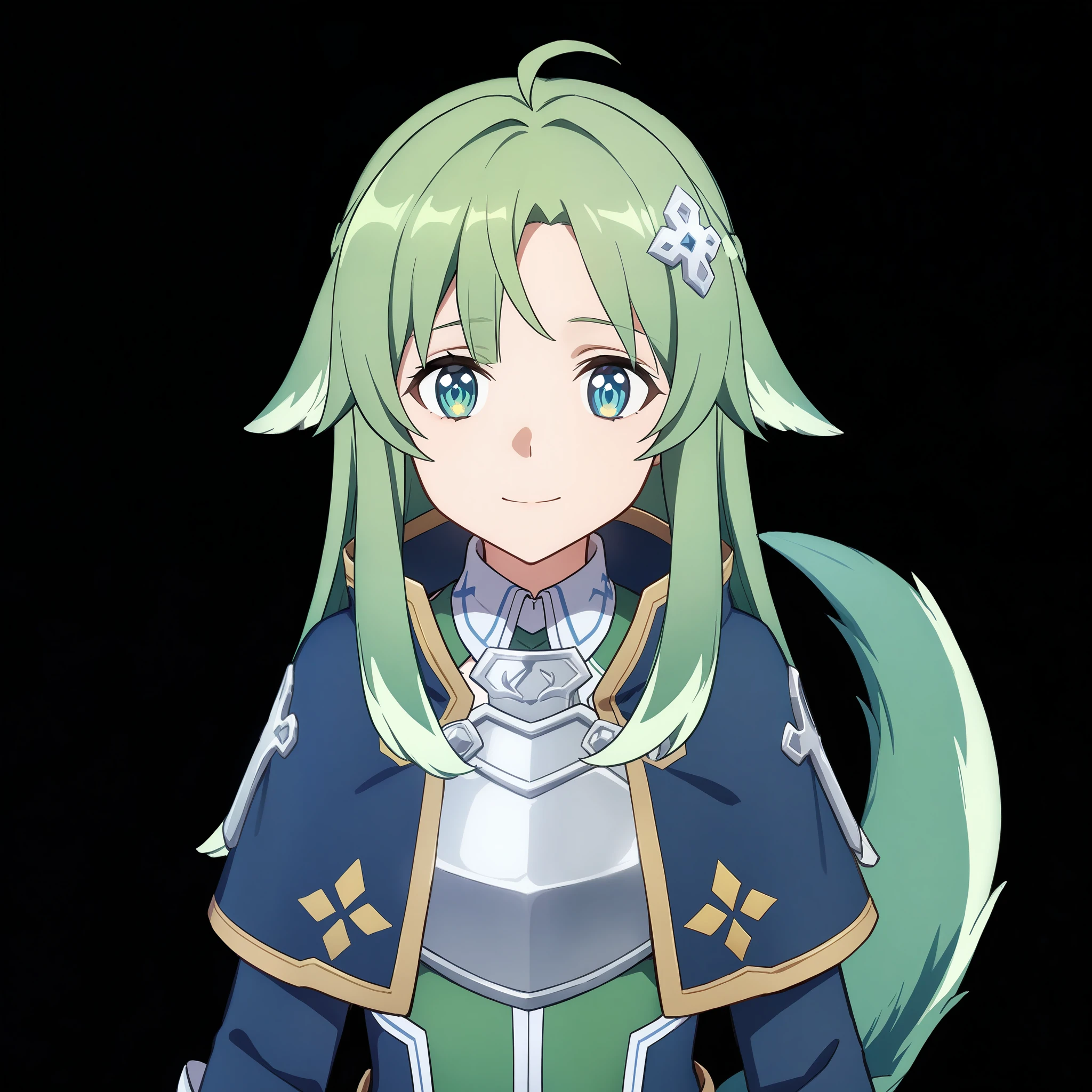 (high-quality, breathtaking),(expressive eyes, perfect face) 1girl, female, solo, portrait, Sword Art Online, Alicization, Symmetrical Eyes, simple background, gentle smile, medium hair, fluffy hair, fantasy outfit, SAO inspired, HuoHuo, armor, chest plate, sword art online outfit, cowboy shot, medium full shot, green hair, bangs, hair ornament, tail
