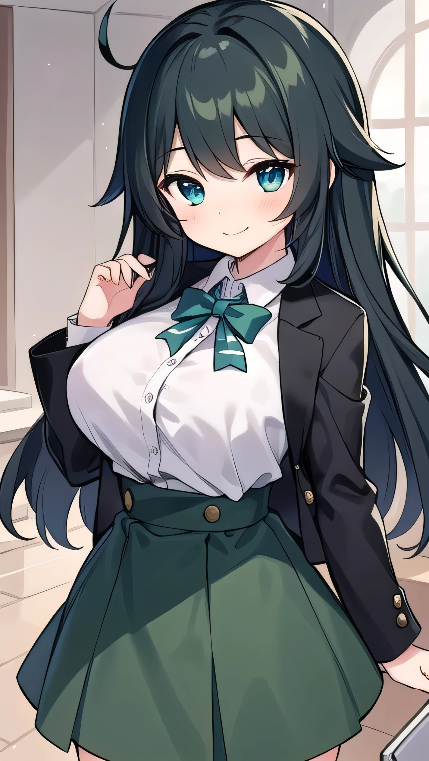 Junior high school student who looks like an elementary school student, 14 years old, very short, 140 cm tall, black hair with a slight green tinge, short ahoge, beautiful long hair but with a little hair sticking out, beautiful round eyes, blue eyes, smile, boyish, long sleeves, Thick clothes, skirt, big breasts, hair longer than waist, long hair, childish face, gentle smile, a little shy, black skirt, black hair with a slight green tinge, boyish, gentle smile, jacket one size larger, ( Deep greenish black hair: 1.3),(her bra is visible:1.2)