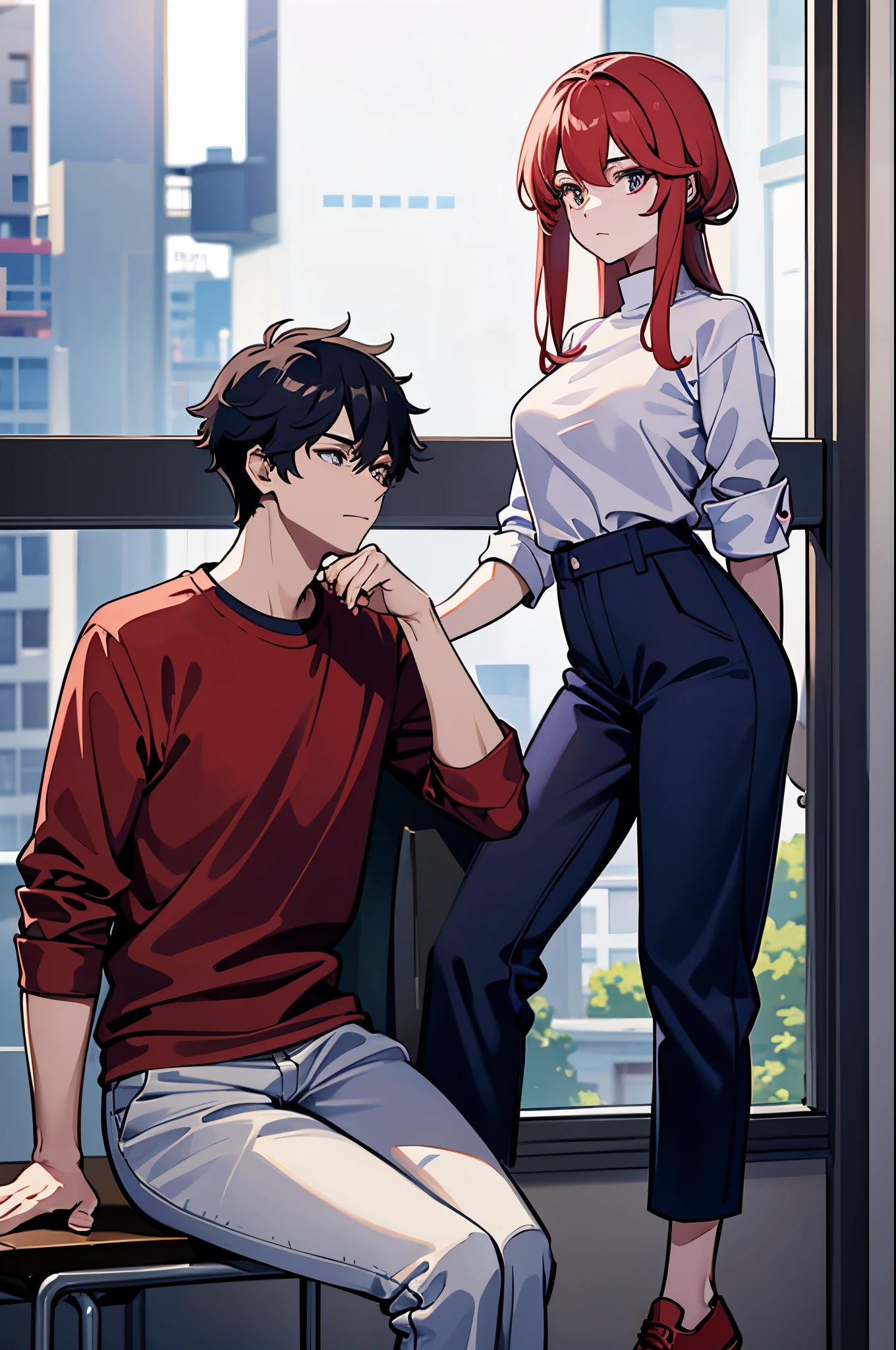 Anime - style image of a man and woman sitting on a chair in front of a ...