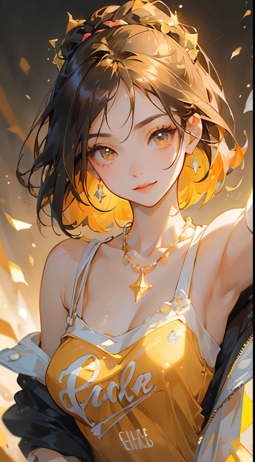 Amazing portrait of the upper body of a young woman who is 20 years old with a beautiful and highly detailed face and skin texture with fine brown eyes with double eyelid and thin eyebrows and glitter eyeliner with natural cheeks and shiny skin wearing an loose orange t shirt and yellow short shorts paired with a sparkly necklace and earrings with glossy lips parted in an enchanting smile with black short bob hair with focus on her chest and face with this upper body shot and her t shirt showcasing her bare shoulders and small breasts