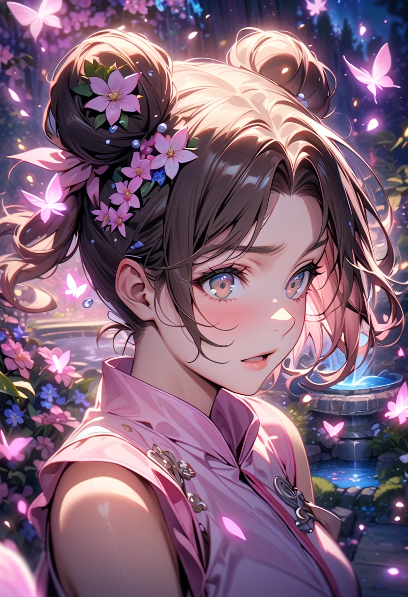 absurdres, highres, ultra detailed, HDR, master piece, best quality, extremely detailed, detailed eyes, detailed face, Tenten, brown hair, hair tied in two buns, expressive brown eyes, Naruto Shippuden, solo, woman, beautiful, pink shirt, sleeveless, magical, fantasy, garden, pink butterflies, pink flowers, pink petals, water, magic, powers