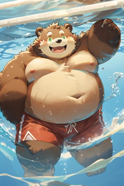 tanuki，obese，只有Swim短裤，at sea，tanned skin，green eyes，beautiful，happy，playing in the water，Swim圈，belly photo，red shorts, Swim，obesity，Looking at the viewer, dear diversion, covering the nipples, (3:4)