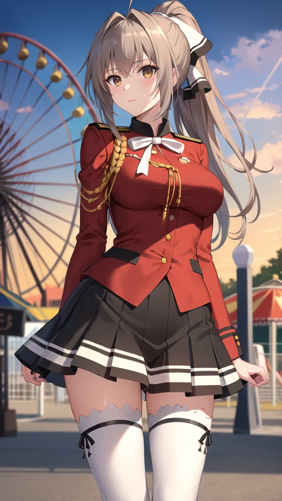 masterpiece, best quality, highres, aaisuzu, 1girl, ponytail, hair bow, brown eyes, uniform, red shirt, aiguillette, black skirt, white thighhighs, amusement park, standing, cowboy shot, looking at viewer, arms at sides,