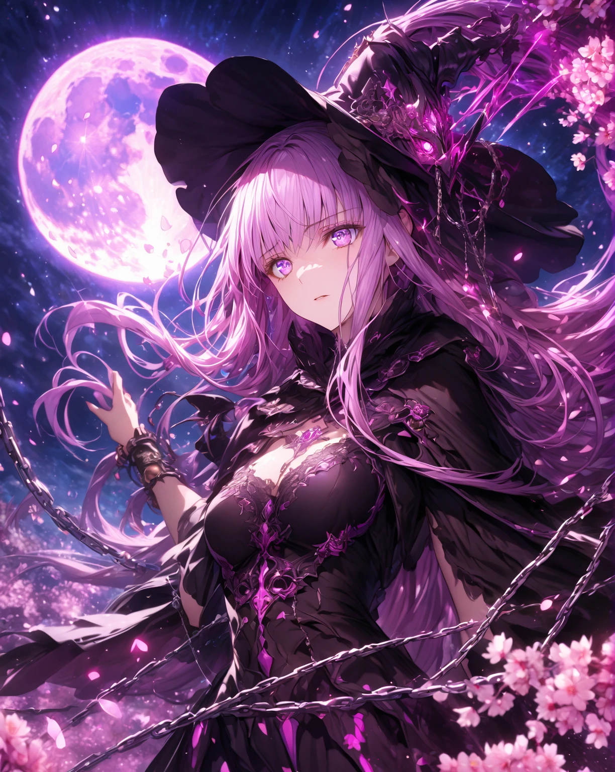 absurdres, highres, ultra detailed, HDR, master piece, detailed face, detailed eyes, Medusa, Rider, light purple hair, long hair, expressive purple eyes, black dress, woman, best quality, Fate Stay Night, solo, fantasy, magical, sensual, glittering, accessories, pink moon, pink magic, starry sky, extremely beautiful, cherry blossoms, petals, chains